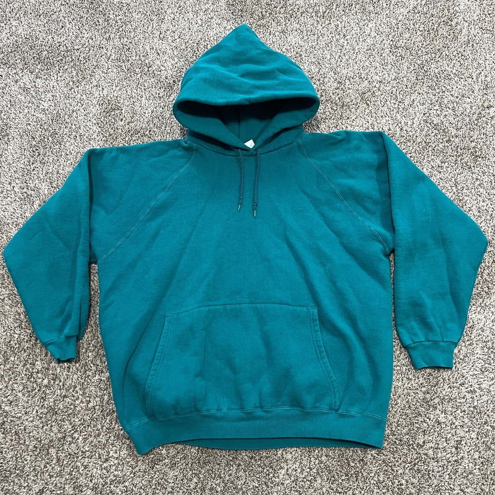 VTG 80s Adidas Mens Large Blue Boxy Relaxed Fit USA Made Blank Hoodie Fleece